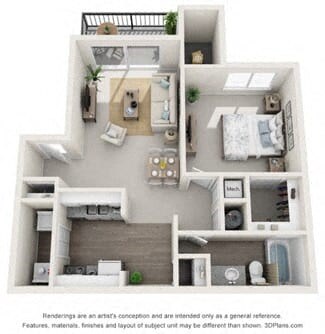 Floor plan for 1 bed, 1 bath, 740 sqft